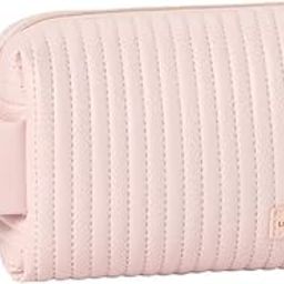 ZENOVISTA Small Makeup Pouch - Cosmetic Bag, PU Leather Striped Design Waterproof Travel Toiletry Zipper Pouch with Handle for Women Gifts (White) (Pink)-image-2
