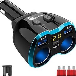 Qidoe USB C Car Charger Cigarette Lighter Splitter Adapter 2 Socket Type C Multi Power Outlet 12V/24V 80W DC with LED Voltmeter Switch 5.8A Dual USB Port for Mobile Cell Phone GPS Dash Cam-18