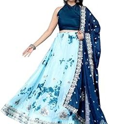 Traditional Rajasthani Lehenga Choli Set, Chinon Fabric with Aari Work, Navy Blue and Light Blue, Semi-Stitched-image-6