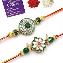 Kundan Designer AD Stones with Bead Floral Multicolour Combo Rakhi for Brother with Roli Chawal & Greeting Card|Set of 2|CBRAK107436-image-52