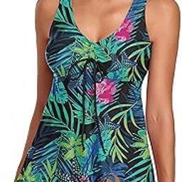 Modest Tankini Swimsuits for Women Two Piece Bathing Suits Floral Print Tank Top with Boyshorts Tummy Control Swimming Suits, Printed-black, X-Large-picture-15