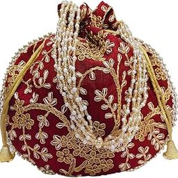 Maroon fabric Potli wedding potli for ladies for women handbags traditional Indian Wristlet with Drawstring Ethnic Embroidery-image-47