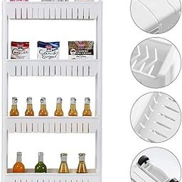 4 Tier Multipurpose Plastic Storage Organizer Slim Rack Shelf with Wheels | Slim Slide Out Kitchen Trolley Rack Holder Storage Organizer for Kitchen, Bathroom (White)-16