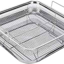Air Fryer Basket Square Stainless Steel Crisper Tray Non Stick Baking Crispy Chicken French Fries Onion Rings Pan Mesh Fry Cookware 2 Pieces Silver Oil Frying Chips (29x29x9 CM)-picture-6