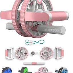 Strauss Multi-Purpose Ab Roller with Push Up Bar & Resistance Tube | Abdominal Exercise Machine and Plank Roller | All In One Abdominal Wheel for Core Training, Push-Ups, Pull-Ups, Squats, Glutes & Core Workout, (Pink)-image-1