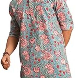 Printed Regular Men's Aqua Cotton Kurta-image-2
