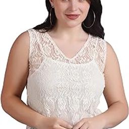 Women's Cotton V-Neck Self Design Sleeveless Lace Top with Camisole, Cream-picture-10