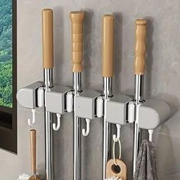 Eopzo 4 Slot Position Wall Mounted Plastic Mop and Broom Holder with 5 Hooks (Standard Size, Multicolour)-20