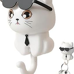 Cool Cat Wall Hook for Kids Room | Cute Cartoon Cat Hook with Sunglasses | Adhesive Wall Hanger for Keys, Towels, Bags | Decorative Hook for Home & Office-image-5