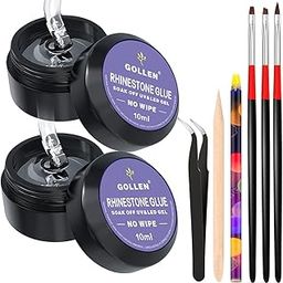 Rhinestones Glue for Nails, 10ml x2 Nail Glue for Stones and Gems Long Lasting Adhesive Super Strong Jewlery Nail Art Glue 3Pcs Nail Brushes, Wax pencils, stick& Picking Tweezers (UV/LED Cure needed)-24