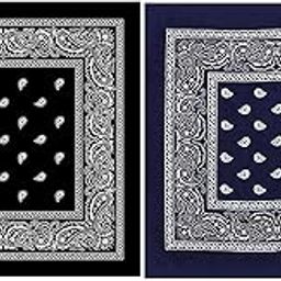 100% Cotton Bandanas, Alotpower Multipurpose Paisley Printing Cowboy Bandana Headbands Handkerchiefs Necktie-(Navy Blue & Black)-(Pack of 02)-picture-30