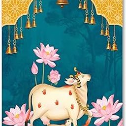 PICTURE CREATIONS Kamdhenu Cow Painting - Kamdhenu Cow with Calf Photo Poster for Vastu Prosperity, Wall, Office, Home and Living Room (Design 03, 12x18)-image-51
