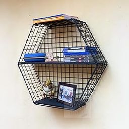 LUXORA NATURALS Two Compartment Wall Hanging Shelf - Hexagonal|Wall Shelves for Living Room|Wall Mounted Shelf|Wall Decor Items for Living Room|Room Decor Aesthetic|Iron & wood-21.25"x6"x24" inch-image-31