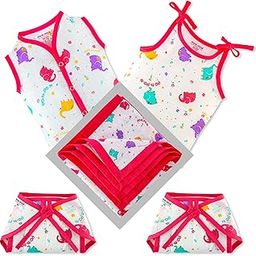 Pom Pom Sweethearts New Born Baby Combo Cloth Gift Set - 1 Printed Cotton Sleeveless Vest, 1 lace tie Slip, 2 Cotton Cloth Lace Nappy & 1 Double Layer swaddle blanket, Pack of 5(Elephant Print 0-3 Months)-35