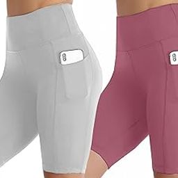 High-Waisted Workout Shorts for Women, Cycling Shorts, Yoga Side Pockets, Black and Navy, Pack of 2-image-130