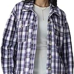 Plaid Shacket: Morocco Women and Girls Long Sleeves Collared Neck Button Front Purple Oversized Cotton Shackets-image-55