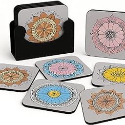 LA' FORTE 6-Piece Premium Mandala Art Design Wooden Coaster Set with EPE Anti-Slip Base & Storage Stand | 3.5” Square | Water Resistant-89