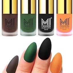 MI FASHION Highly Pigmented Velvet Matte Nail Paint Set Effortless Matte Top Colour 9.9mlCoffee, Green, Black, Saffron Orange (Pack Of-4)-62