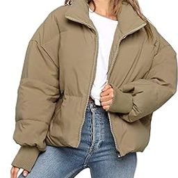 Women's Winter Warm Long Sleeve Zip Up Drawstring Baggy Cropped Puffer Down Jacket Coat Outerwear, Khaki, X-Small-image-16