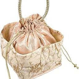Kuber Industries Unisex Hand Bag|Silk Embroidery Drawstring Bag|Traditional Indian Handmade 5 Pocket Potli Bag with Golden Handle (Cream)-image-43