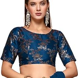 Traditional Ethnic Style Leaf Pattern Zari Work Readymade Brocade Half Sleeve Round-Neck Embroidery Blouse for Pairing with Sarees, lehengas, or Plazzo for Fusion wear-image-16