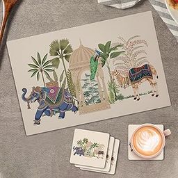 MDF Set of 4 Maharaja Art Dining Placemats with 4 Set of Coasters | Food Mats & Dining Table Accessories for Home, Bedroom & Kitchen | Size: 43.5 CM x 28.5 CM | DM3-3
