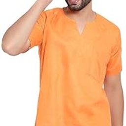 Mens Cotton Blend Half Sleeve Solid Color V Shape Style Short Kurta Tshirt for Comfortable Regular Fit Type Kurta-image-89