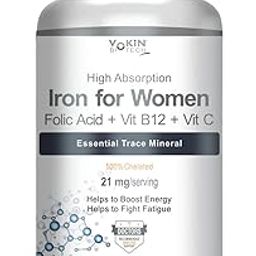 Vokin Biotech Iron Supplement for Women -100% Chelated - With Vitamin B12, Folic Acid & Vitamin C for High Absorption (90 Veg Capsules)-31