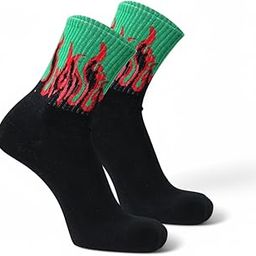 1 Pair Pure Cotton Premium Flame Pattern Crew Socks, Black and Green with Red Fire Design, For Men & Women Stretchable Free Size Anti Odur Sweat Free Anti Slip-image-75