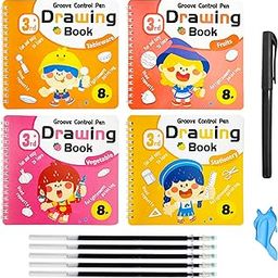 VGRASSP 4 Pcs Educational Magic Drawing Tracing Book Toy for Kids - Reusable Art & Crafts Practice Workbook with Pen and 5 Refills - Grooved Doodle Book - Color and Design As Per Stock-picture-11