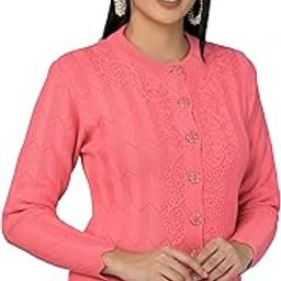 Women Woolen Round Neck Cardigan Sweater Heavy Front Long Kadai Cardigan Winter Wear Pure Wool Cardigan for Women Free Size Cotty Warm Cardigans with Side Pockets (M, Pink)-image-92