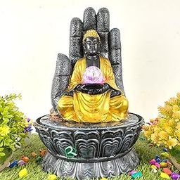 RUPANNA Hand Buddha Table Top Water Fountain with RGB LED Light for Home Décor/Gift/Vastu/Pooja/Reception/House Warming (Color: Grey Stone & Gold)-picture-5