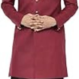 Men's Indo-Western Kurta Sherwani Dhoti Set, Maroon Cotton Blend, Solid Dyed Regular Fit Mandarin Collar Long Sleeves-image-92