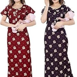 ankona Feeding Nighty in Pure Cotton 2 Side Zips for Feeding Purpose & Neck Buttons for Easy Wearing Soft Cotton Maternity Nighty for Women Feeding Combo Feeding Nighty for Women (Combo of 2Pcs)-picture-48