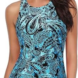 High Neck Tankini Top Only Bathing Suit Tops for Women Tummy Control Tank Tops Swimsuit Top No Bottom, Blue Black Paisley, Small-image-32