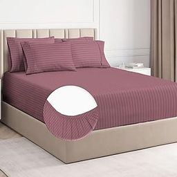 HOMEKART Premium Cotton 210Tc Elastic Fitted Bedsheets with 2 Pillow Covers | King Size Bed with All Around Elastic Wrinkelfree Supersoft Striped Pattren Breathable |Size-78 x72+10 inches |Pink-picture-11