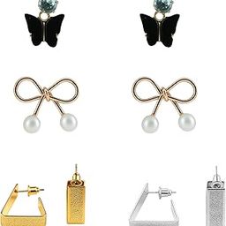 Fashion Earrings Set – 3 Pairs – Black Butterfly with Crystal, Gold Bow with Pearls & Geometric Square Hoops – Elegant Gold & Silver Tone Jewelry for Women & Girls-image-61