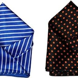Men’s Satin Pocket Square Set – Royal Blue Striped & Black with Orange Polka Dots – Formal Suit Handkerchief-image-76