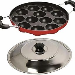 BAHURANI appam APPAM PATRA Cool RED Paddu Maker Ponganal Maker Paniarakkal Pan 22 cm Diameter Pot 12 with Lid (Aluminium, Non-Stick)-30