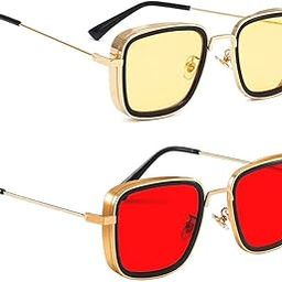 Carryminati Mens Square Sunglasses Golden Frame, Red & Yellow Lens (Medium) Pack of 2-picture-46