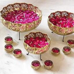 Decorative Golden Lotus Urli with Stand Pot for Floating Flower/Tea Light Candles Festive Decor Urli Bowl for Home Handicraft Bowl with Stand and 7 Votives Small Bowl 3.5 inch Set of 13-image-41