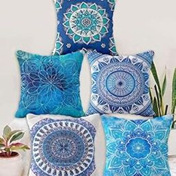 Blue Grass Digital HD Mandala Print Velvet Cushion Cover Set of 5- Blue, 12x12 Inches-image-15