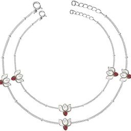Silver Lotus Kundan 3 Motifs Anklet In for Women Pure Silver 925, Sterling Silver Jewellery with Certificate of Authenticity & 925 Silver Anklet for Women-image-3