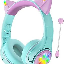 Riwbox CF9 Cat Ear Kids Bluetooth Headphones with LED Light Up,Safe 85dB Volume Limit,Built-in Mic&Boom Mic for Calls,Kids Wireless&Wired Headphones for Tablet/Airplane/School/Online Learning (Green)-picture-23