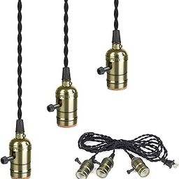 WUYOR Vintage Triple Light Socket Pendant Light Kit Cord E26 Industrial Pendant Lamp Cable 15.9FT Twisted Black Cloth Bulb Cord Plug Hanging Light Fixture-image-3