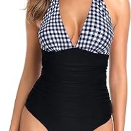 Tummy Control One Piece Swimsuits for Women Halter Bathing Suits Sexy Plunge V Neck Swimwear, Black White, Large-image-47