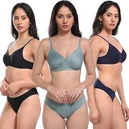 Cotton Balconette Non Padded Bra Panty Set Women Everyday Lingerie Set| Push up Bra Panty Set|Panty Bra Set for Women Pack of 3-image-93