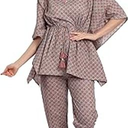 Women's Multicolor Motif Cotton Printed Kaftan Night Suit Set-image-34