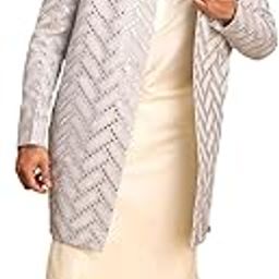 Men's Aqua And Cream Silk Blend Ethnic Combo Set | Trend setting Men's Indowestern Style Mirror Work Sherwani made of fancy fabric.This Set Contains Kurta And Pant Style Pyjama.-8