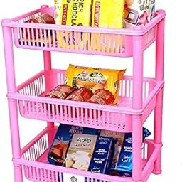 Sulfar Multipurpose Plastic Trolley with Dish Rack for Kitchen Fruit Vegetable Storage Basket Modern Organizer - 3 Layer Stackable Shelf Cart Kitchenware Food, Snacks, Bottles, Toys (Pink)-10